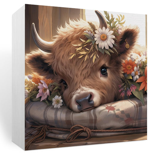 Krollma Western Highland Cow Wooden Box Sign Decor Bible Verse Desk Sign, Baby Highland Cow Nursery Decor, Highland Cow Decor Desk Sign for Home Office Bathroom Shelf Decor, 5x5 inches