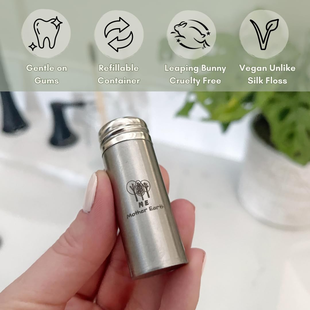 Vegan Biodegradable Bamboo Charcoal Dental Floss with Refillable Stainless Steel Container with 30M x4 | Peppermint Essential Oil | Eco Friendly Zero Waste Oral Care