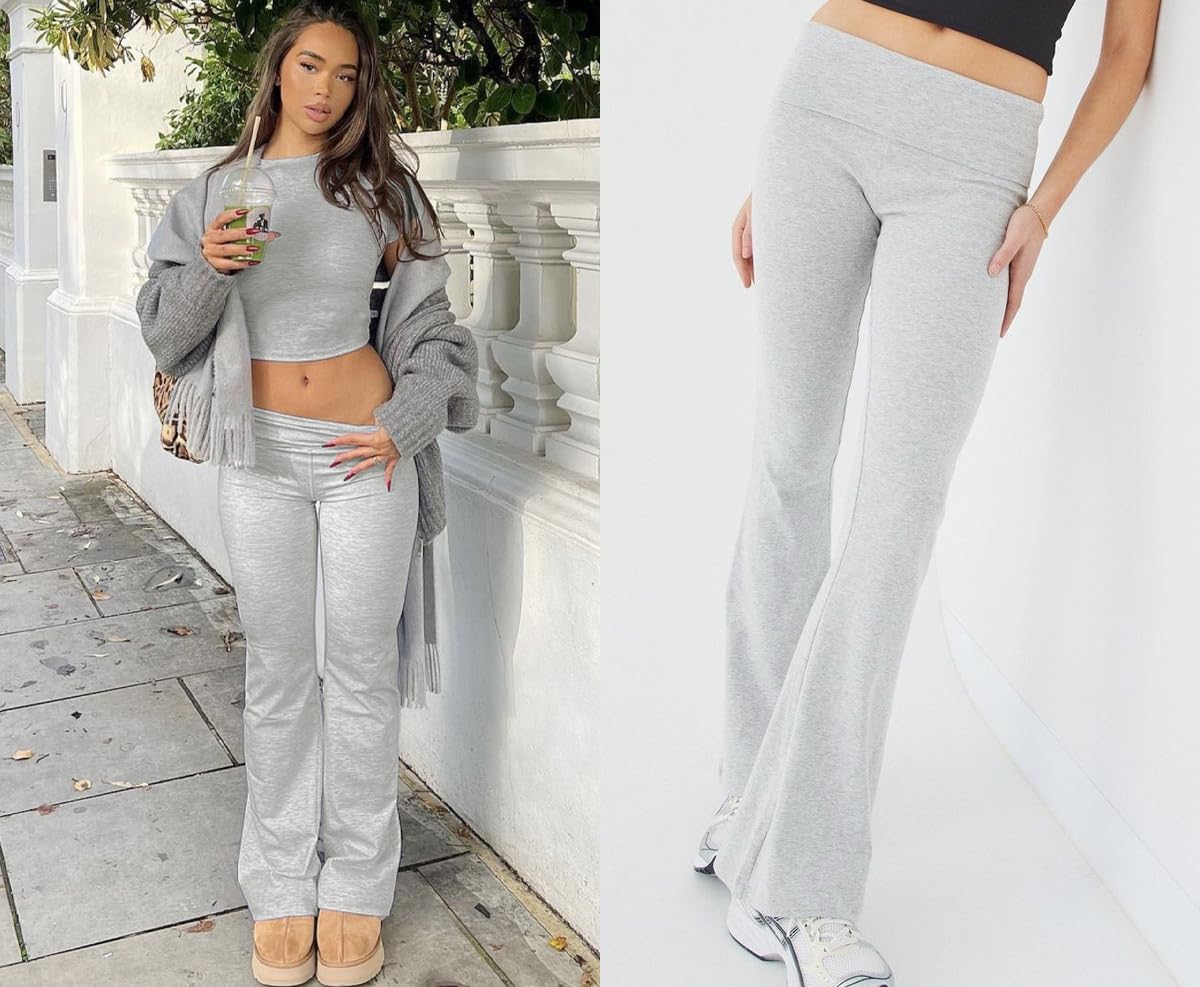 YETOWA Women's 2 Piece Lounge Outfits with Slim Short Sleeve Tops and Low Rise Flare Leggings Sets Versatile Yoga Fall Sweatsuit