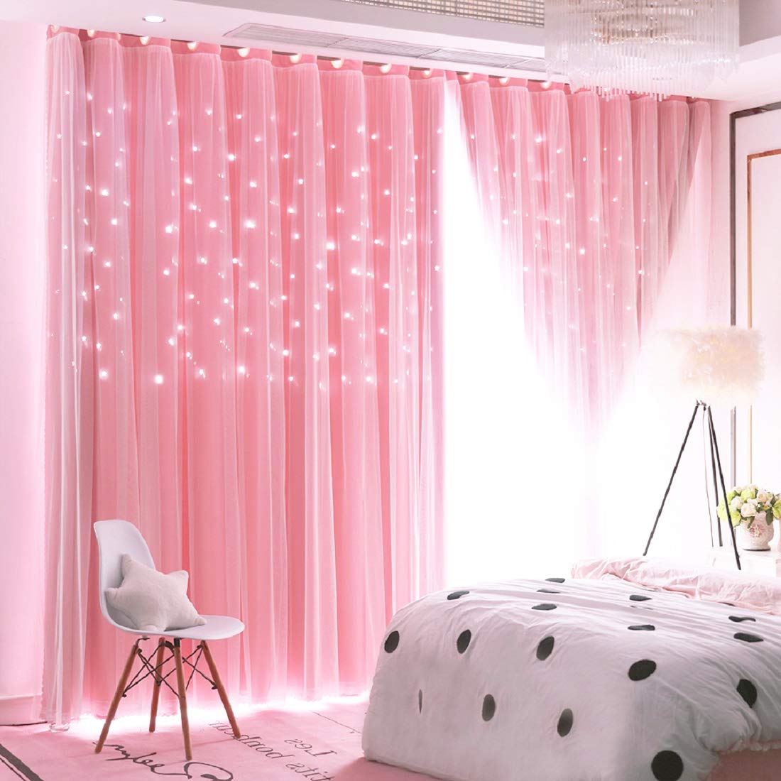 UNISTAR 2 Panels Stars Blackout Curtains for Bedroom Girls Kids Baby Window Decoration Double Layer Star Cut Out Aesthetic Living Room Decor Wall Home Curtain,W52 x L95 Inches,Pink