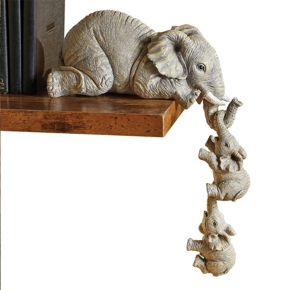LSLANSOON 3 Set Elephant Shelf Sitter, Mother Elephant Hanging 2 Baby Elephants on The Edge, Hand-Painted Resin Collectable Figurines for Home Decor Gift