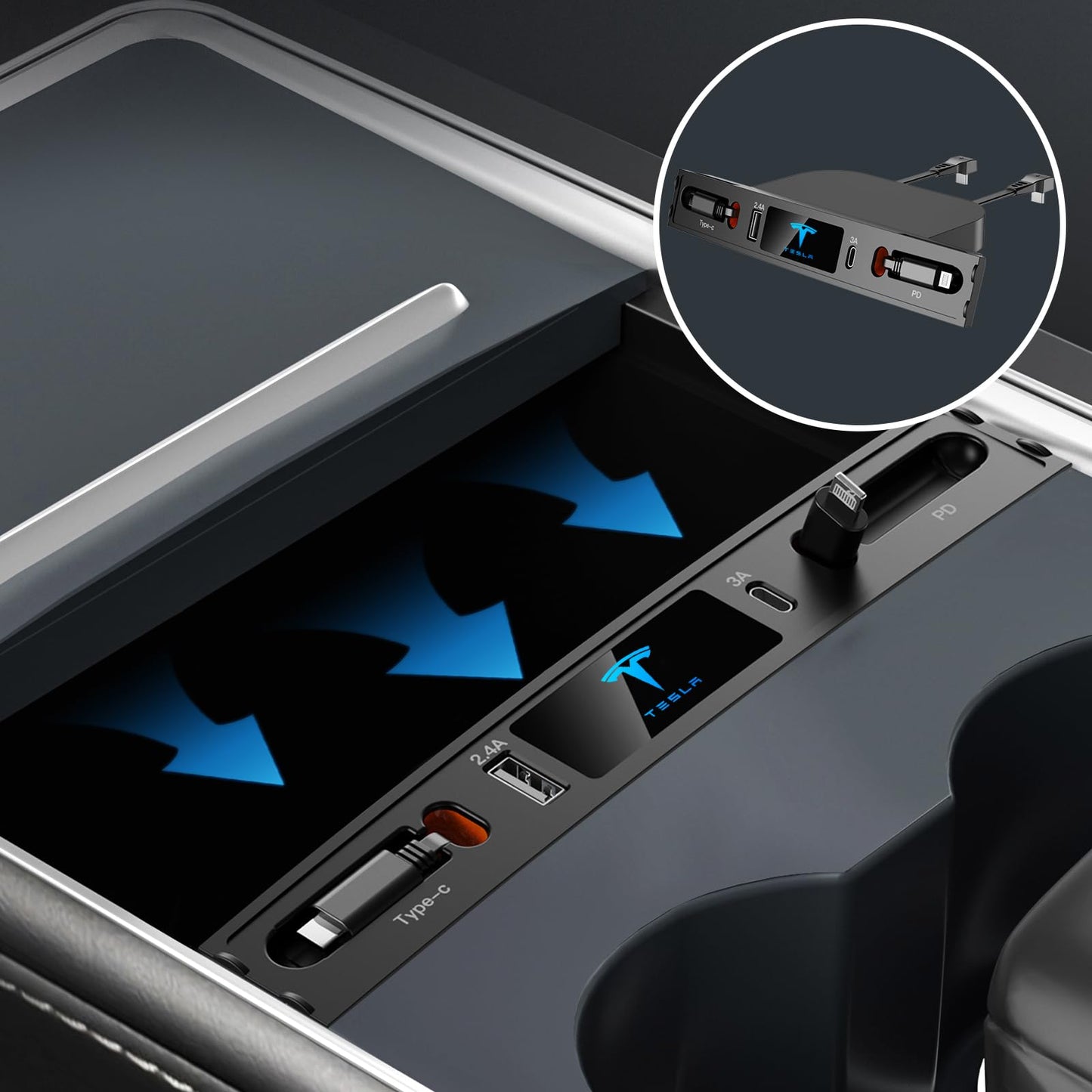 Car USB Charger Multi Port for 2021 2022 2023 2024 Tesla Model 3/Y,Multifunctional Tesla Accessories with Logo and Retractable Cable,Tesla USB hub,Gifts for Tesla Owners(Not fit Model 3 2024)