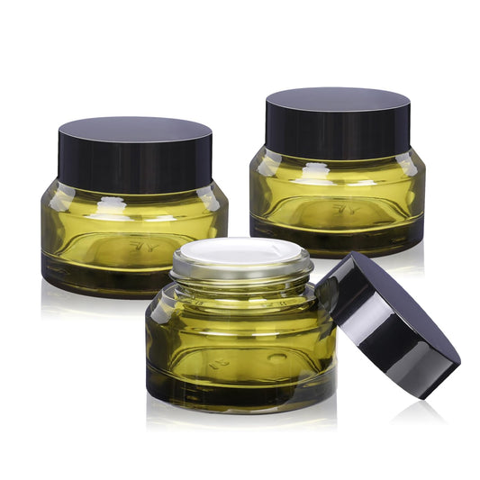 1.7 oz Glass Cosmetic Jars With Lids, 3 Pack Small Containers, 50 ml Green Empty Makeup Jars for Sample, Cream, Lotion