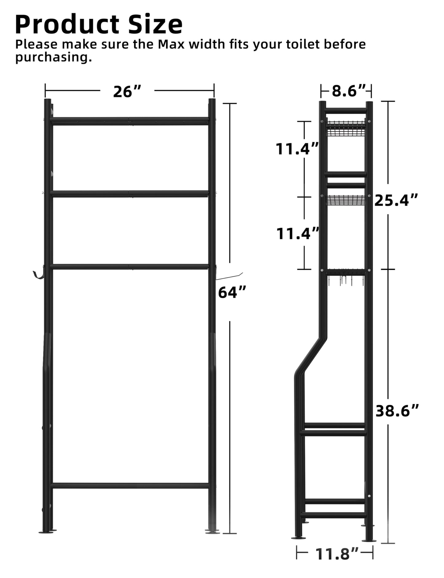 Livilord 3-Tier Over The Toilet Storage, Freestanding Metal Bathroom Shelves with 4 Hooks, Over Toilet Storage Shelf with Paper Holder, Above The Toilet Shelf for Bathroom Storage, Black