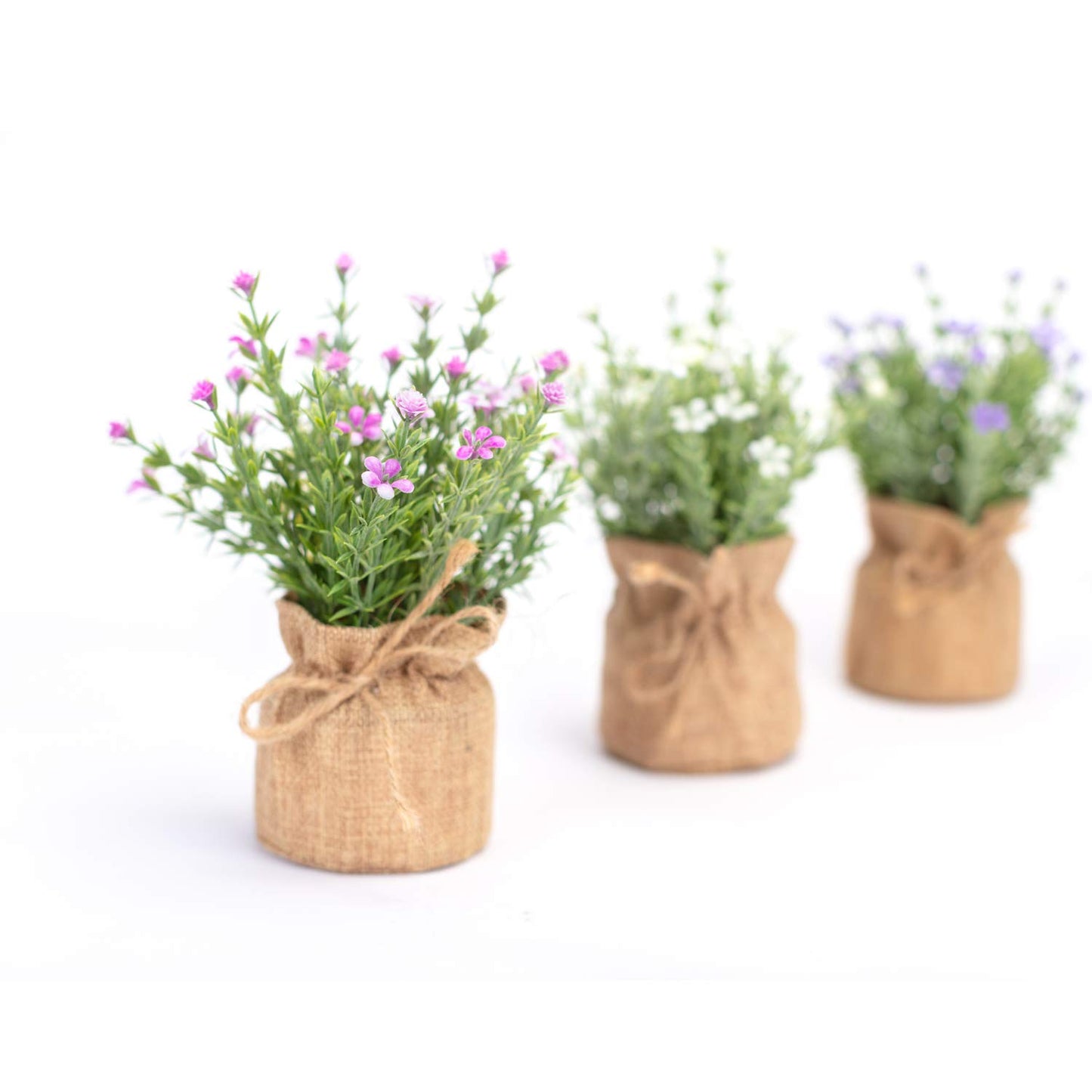 Velener Babys Breath Artificial Flowers in Small Burlap Bag Vases 3Pcs -Gypsophila Faux Flowers Farmhouse Home Coffee Table Bookshelf Office Desk Decorations Kitchen Dining Room Fake Plants Indoor