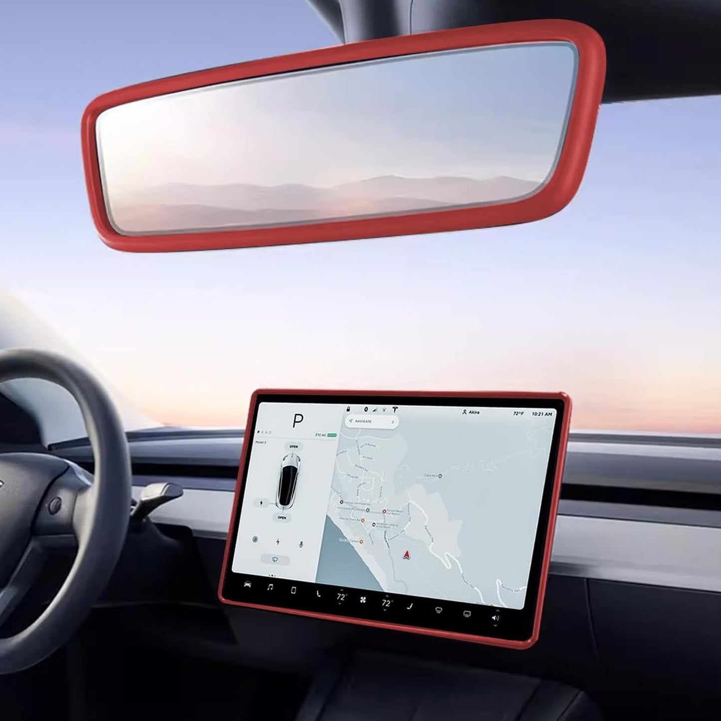 2PCS Protector Trim Frame Compatible with Tesla Model 3 Y 2019-2024 2025 Screen Edge Frame Rearview Mirror Cover Interior Silicone Decorations Center Console Decor Highland Juniper Accessories (Red)