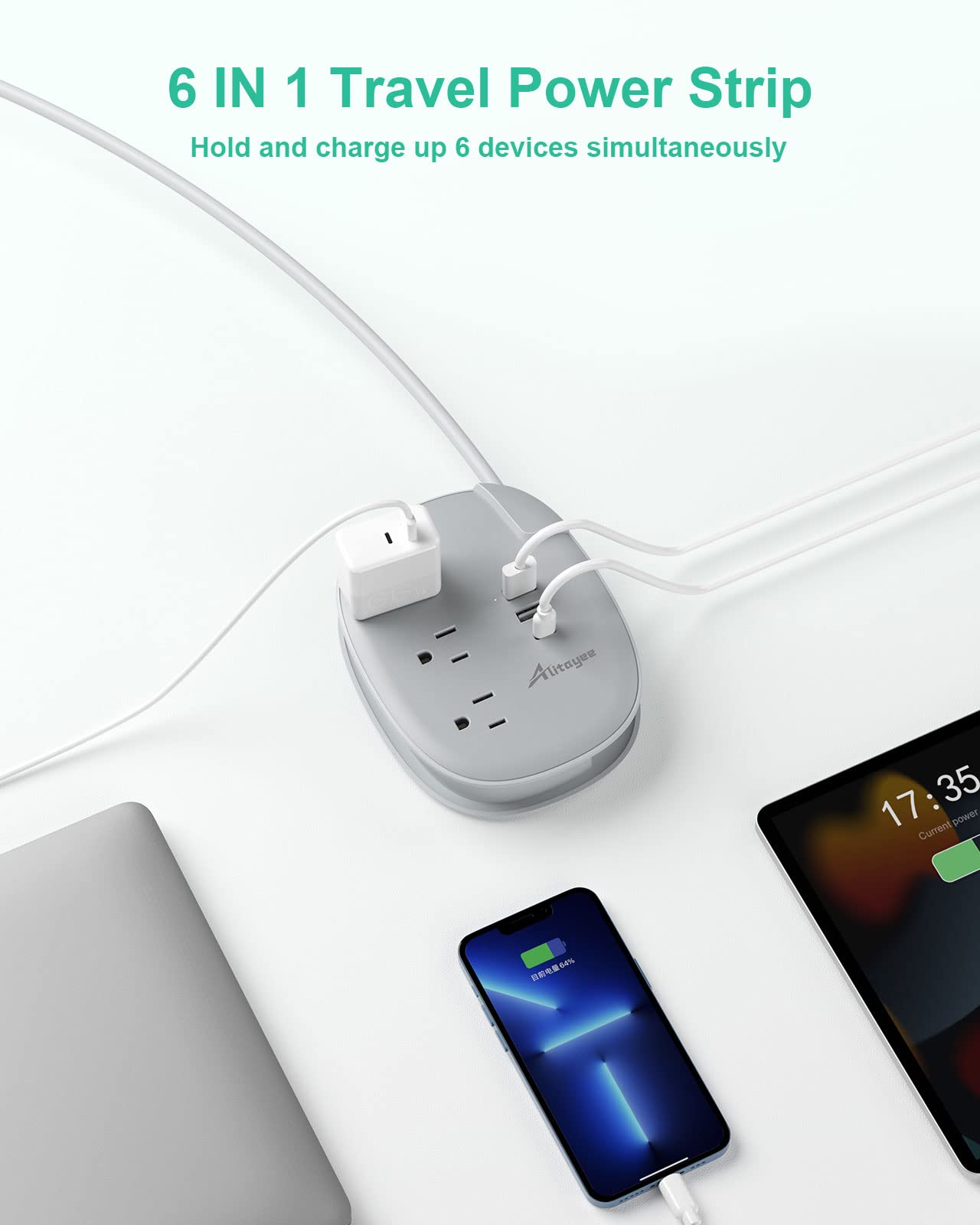 Alitayee USB C Portable Travel Power Strip with 3 Outlets 3 USB Ports Fast Charge, USB Extendable Outlet Extender with Flat Plug and 3ft Wrapped Around Extension Cord for Cruise Travel Home Office