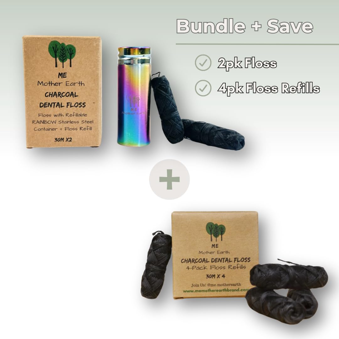 Vegan Biodegradable Bamboo Charcoal Dental Floss with Refillable Stainless Steel Rainbow Container with 30m x4 Refill | Peppermint Essential Oil | Eco Friendly Zero Waste Oral Care