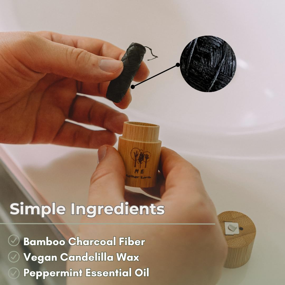 Vegan Biodegradable Bamboo Charcoal Dental Floss with Refillable Bamboo Container with 30M x4 Refill | Peppermint Essential Oil | Eco Friendly Zero Waste Oral Care