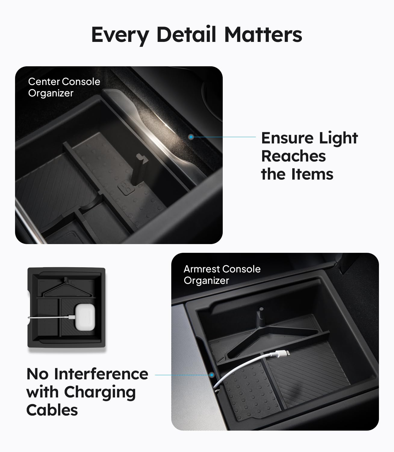 Wigoo Tesla New Model Y Juniper & Model 3 Center Console Organizer [Double Layer Space, Slide smoothly] Model 3 (2024~2025)/New Model Y Juniper Accessories, 4PCS Black