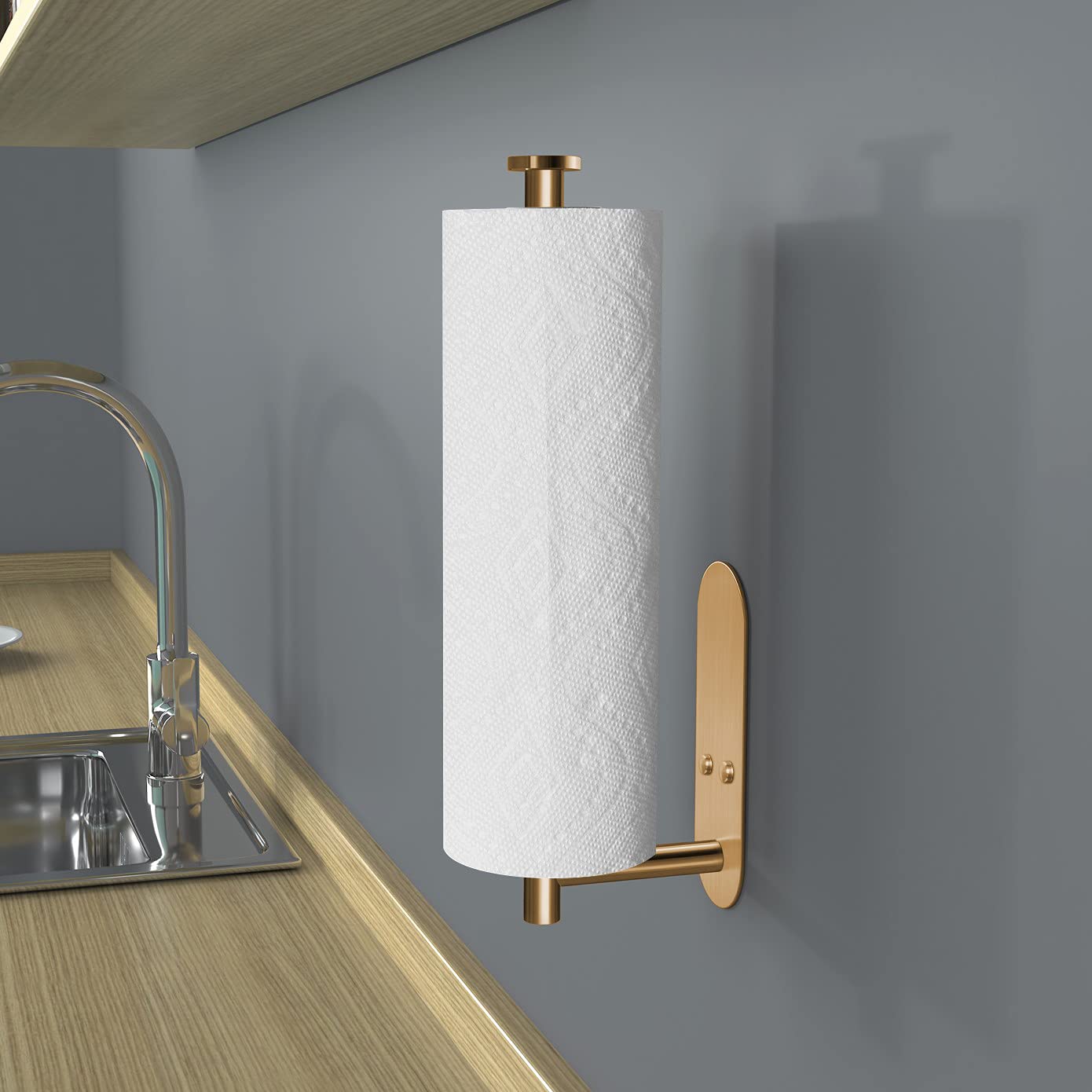 VAEHOLD Self Adhesive Paper Towel Holder Under Cabinet Mount, Wall Mounted Paper Towel Roll Holder for Kitchen, Bathroom, Wall - SUS304 Stainless Steel (Gold)