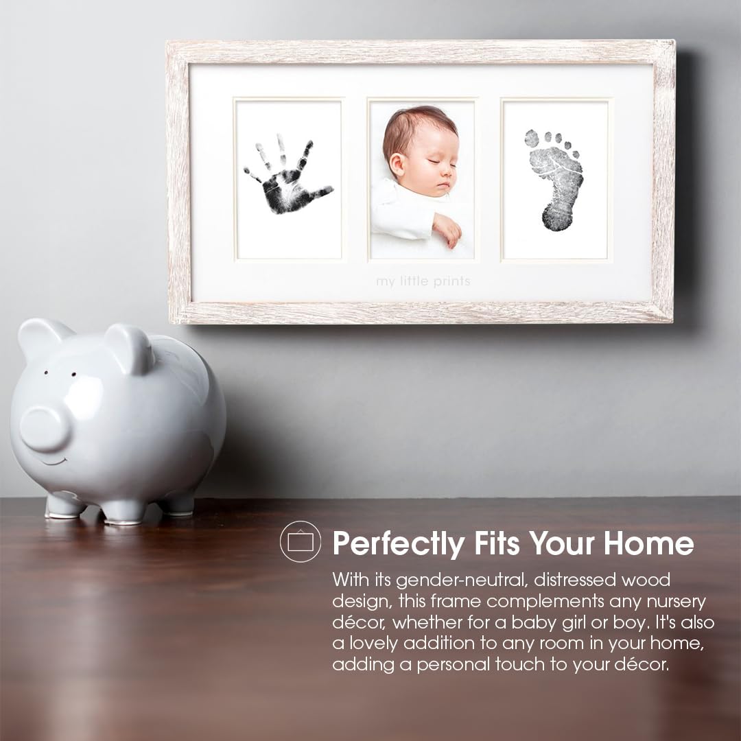Pearhead My Little Prints Newborn Handprint & Footprint Frame Kit - No Mess Clean Touch Ink Pad, Gender-Neutral Keepsake, Ideal Shower Gift, Nursery Decor, Distressed Wood