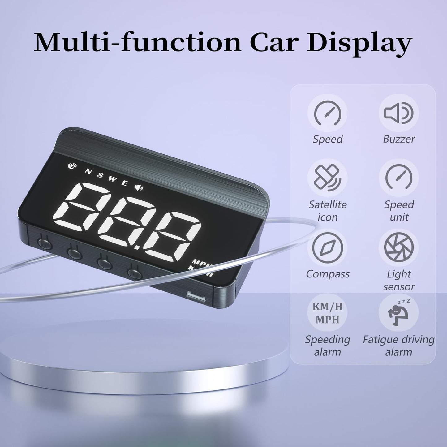 AZIJYV Car Heads Up Display, Windshield Speedometer Projector HUD M1white,Digital Speedometer for Car with Speed,Driving Direction,Overspeed Alarm,Fatigued Driving,Suitable for All Models