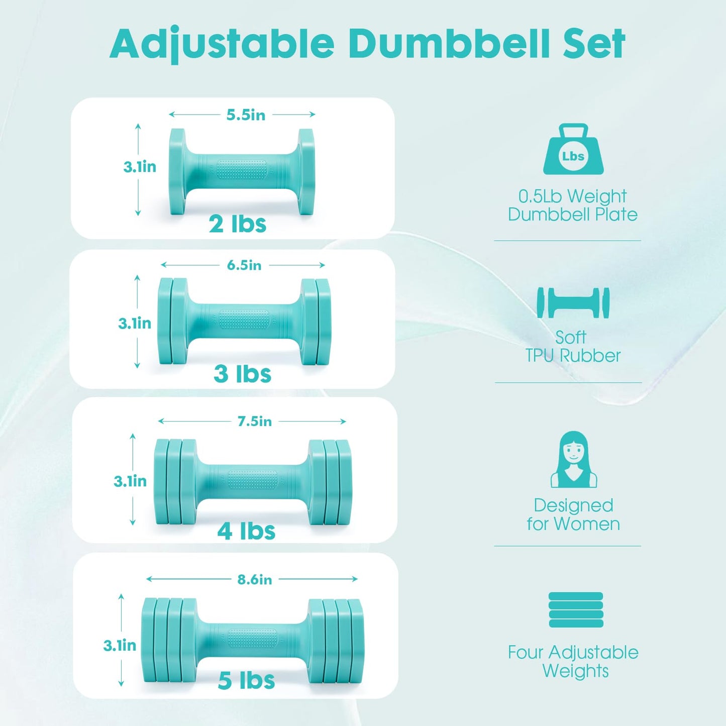 EQUIPRO Adjustable Dumbbell Set, 4 in 1 Weights for Women at Home, Hand Weights Dumbbells for Women, Each 2lb 3lb 4lb 5lb Fast Adjust Weight with Soft TPU Handle for Home Gym Exercise Training