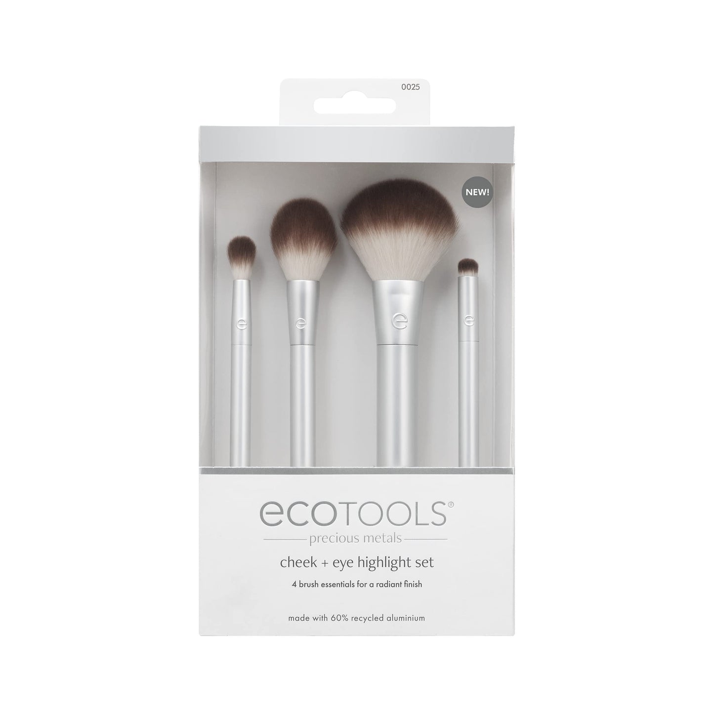 EcoTools Precious Metals Cheek & Eye Highlight Makeup Brush Kit, for Eyeshadow, Blush, & Powder Products, Eco Friendly, Cruelty Free Face Brushes, Recycled Aluminum, Chrome, 4 Piece Set