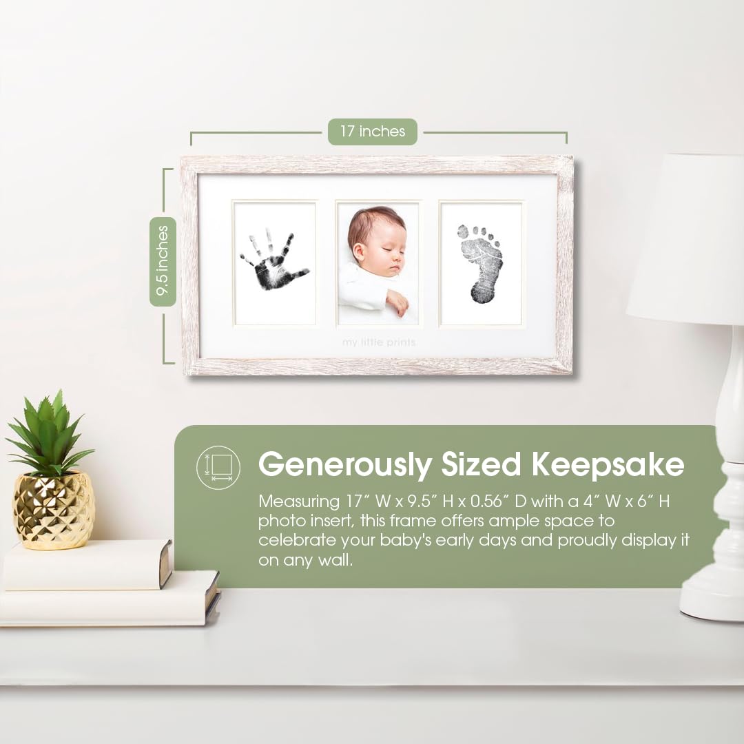 Pearhead My Little Prints Newborn Handprint & Footprint Frame Kit - No Mess Clean Touch Ink Pad, Gender-Neutral Keepsake, Ideal Shower Gift, Nursery Decor, Distressed Wood