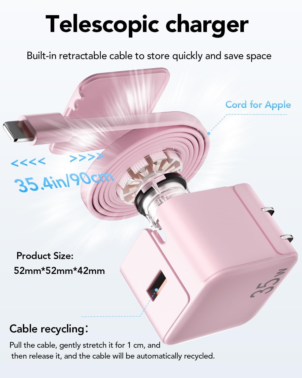 Retractable Wall Charger,35W PD Fast USB Charger Block with Retractable Lightening Cables for iPhone,Portable Adapter with Foldable Plug for iPhone14/13/12,iPad,Air-Pods(Pink)