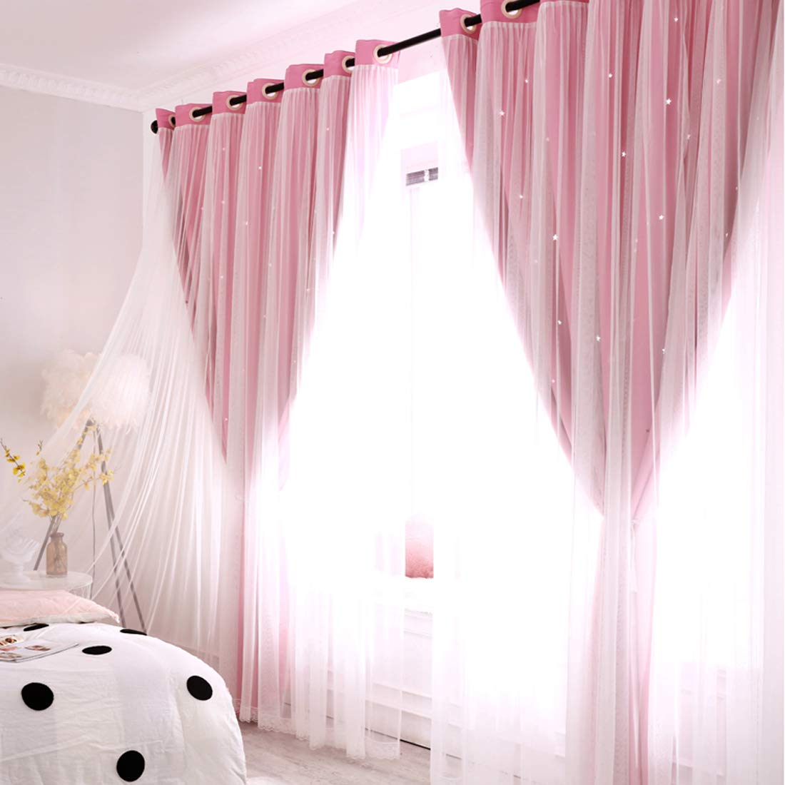 UNISTAR 2 Panels Stars Blackout Curtains for Bedroom Girls Kids Baby Window Decoration Double Layer Star Cut Out Aesthetic Living Room Decor Wall Home Curtain,W52 x L95 Inches,Pink