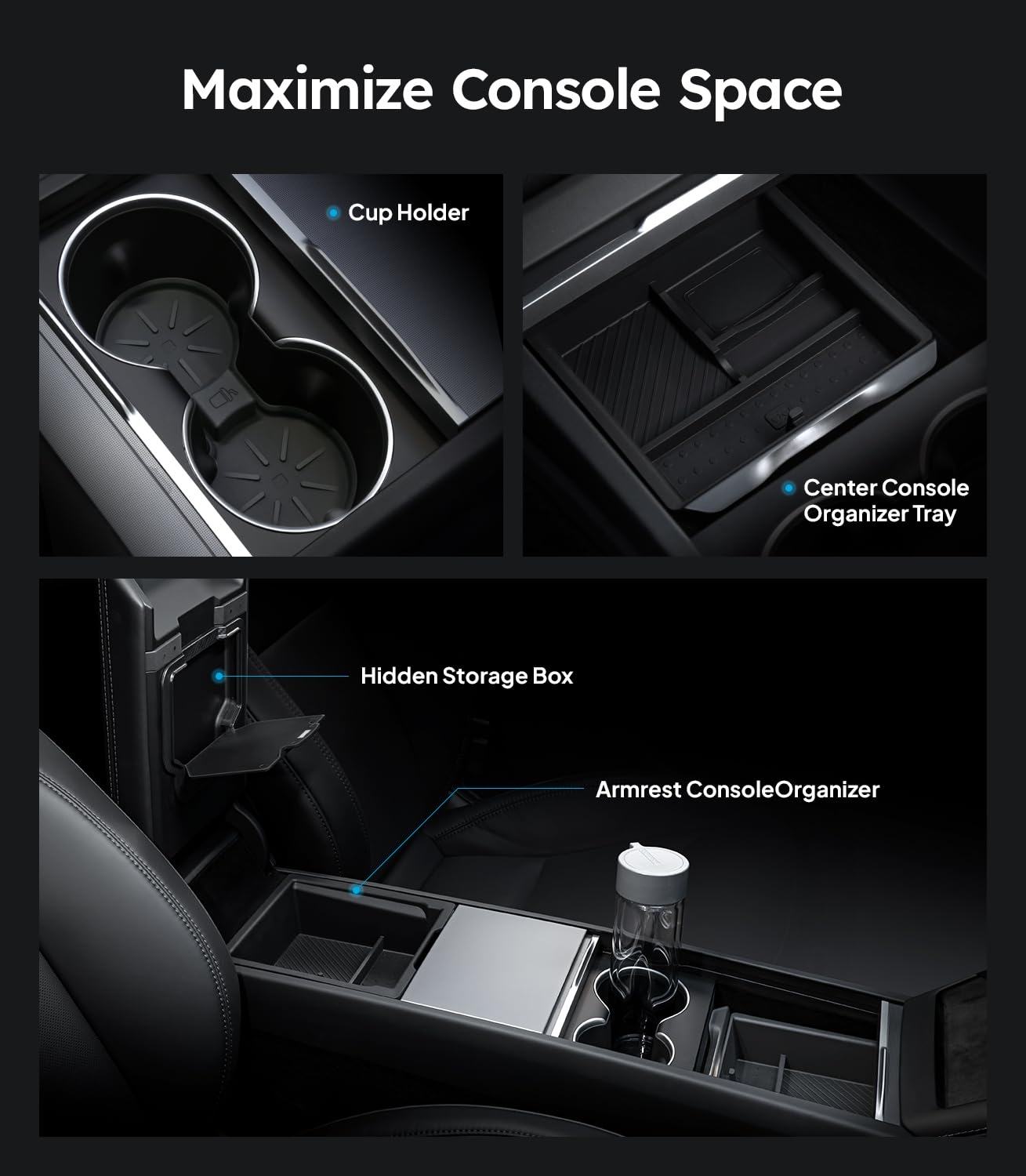 Wigoo Tesla New Model Y Juniper & Model 3 Center Console Organizer [Double Layer Space, Slide smoothly] Model 3 (2024~2025)/New Model Y Juniper Accessories, 4PCS Black