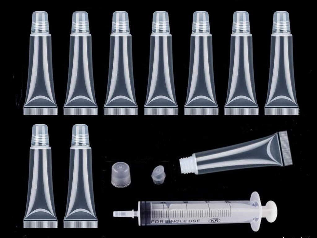 Aoshang 10Pcs 8ml Mini Refillable Empty Tubes Lip Gloss Balm Clear Cosmetic Containers Soft Tubes with 3pcs Free 5ml Plastic Syringes
