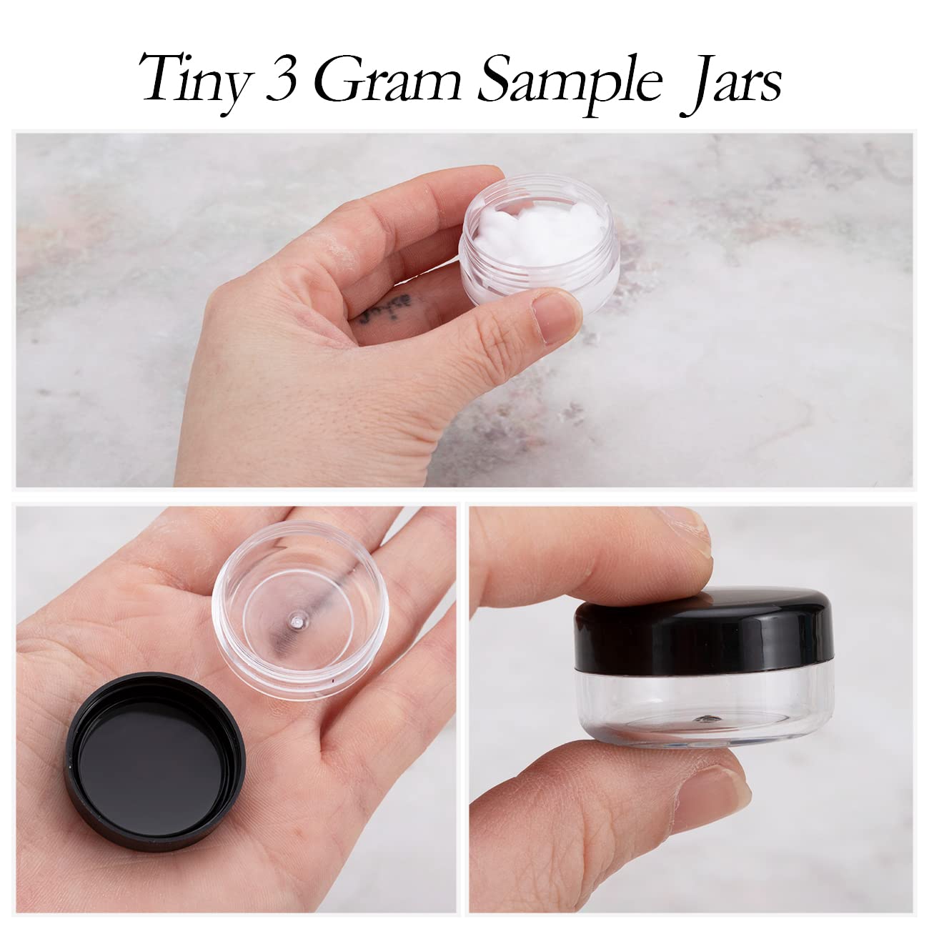 ZEJIA 3 Gram Sample Containers with Lids, 25 Count Tiny Sample Jars, 3ML Makeup Cosmetic Containers for Lip Balms, Lotion, Powder, Beauty Products(Black Lids)