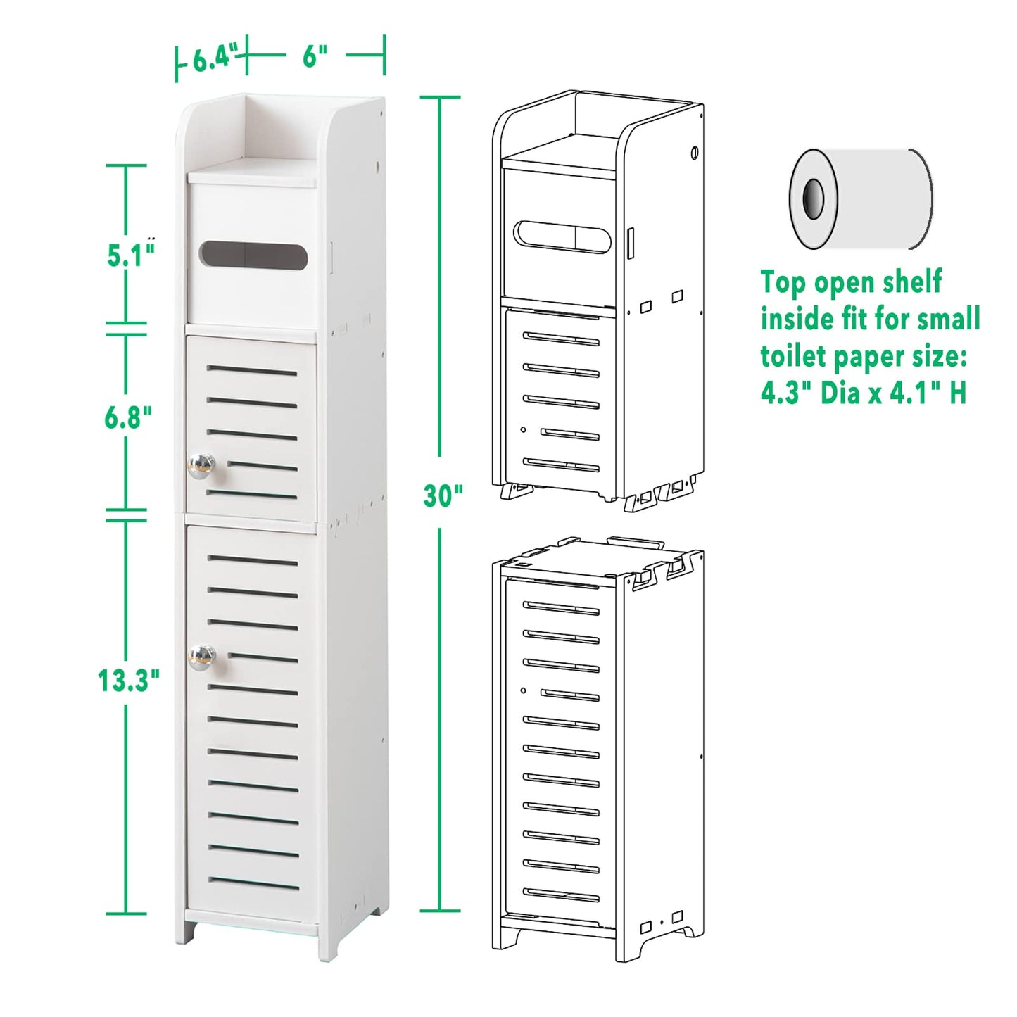 TuoxinEM Storage Cabinet for Small Spaces, Over The Toilet Cabinet for Skinny Bathroom Storage Corner Floor, Slim Paper Storage with 2 Doors & Shelves (White)