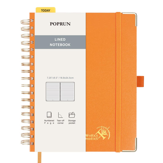 POPRUN Lined Spiral Journal Notebook for Women & Men, 7-1/4" x 9-1/2", 220 Numbered Pages, College Ruled Hardcover Notebook for Work, Journals for Writing, 120 GSM Thick Paper - Orange