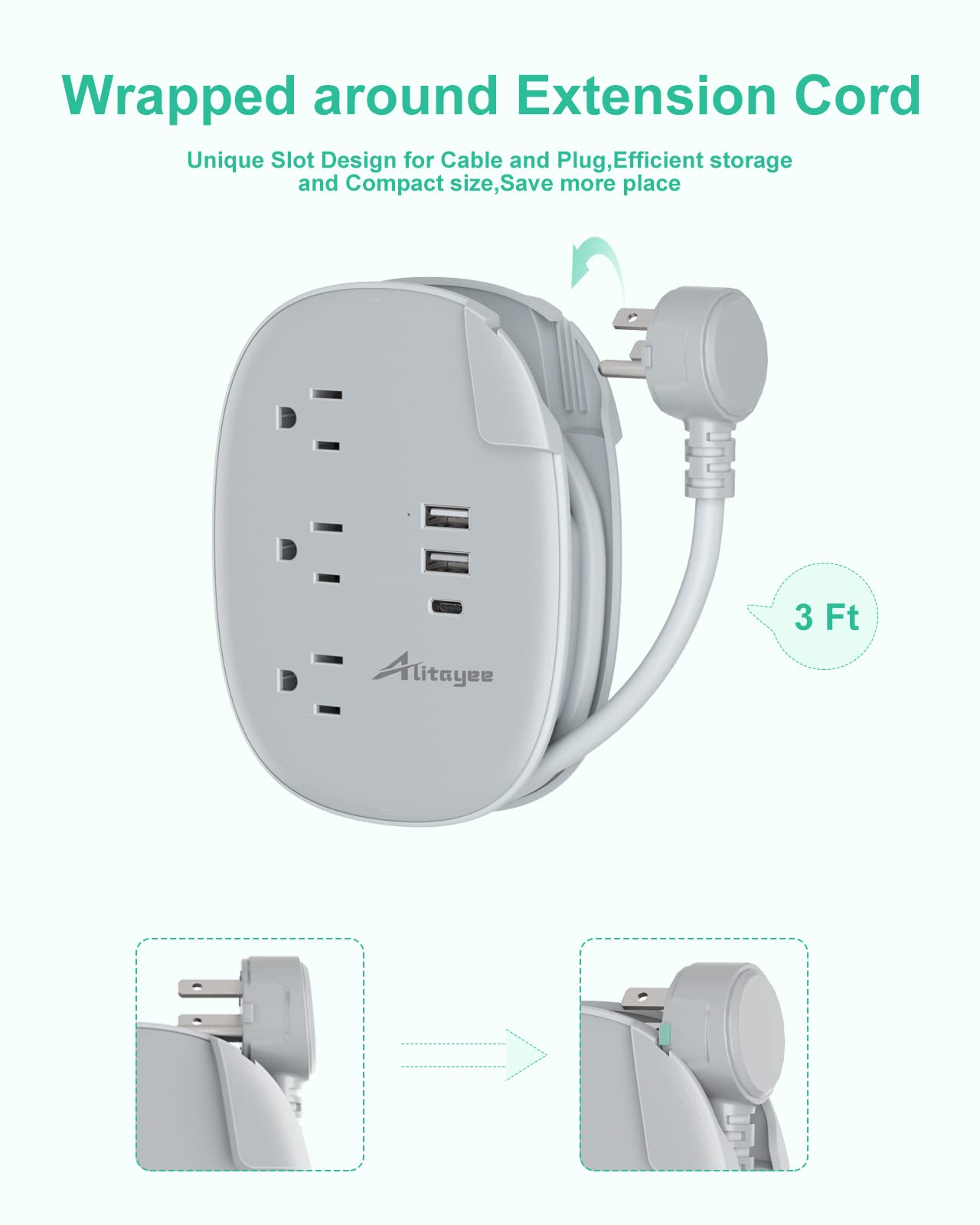 Alitayee USB C Portable Travel Power Strip with 3 Outlets 3 USB Ports Fast Charge, USB Extendable Outlet Extender with Flat Plug and 3ft Wrapped Around Extension Cord for Cruise Travel Home Office
