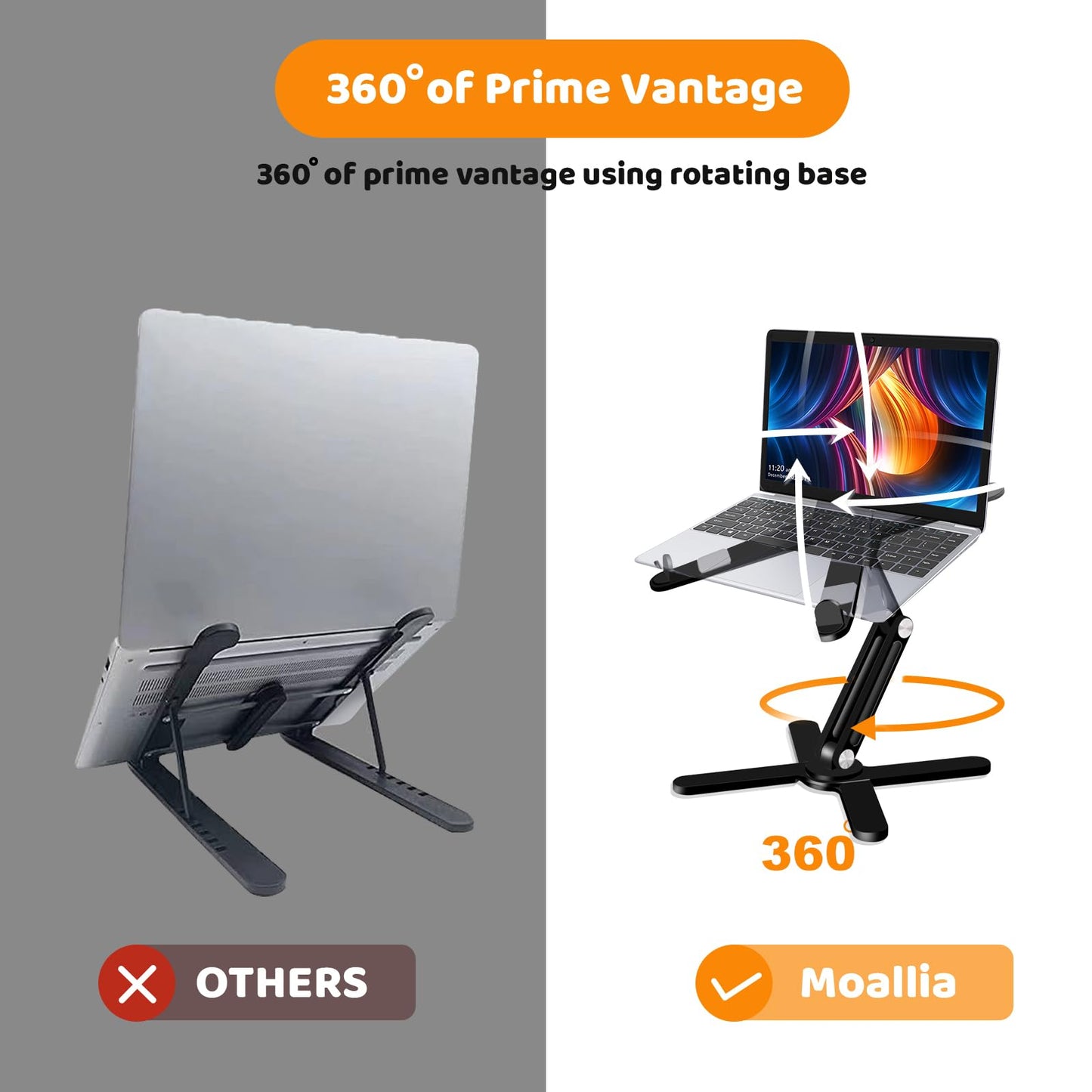 Moallia Laptop Stand with 360 Rotating Base, Computer Notebook Laptop Riser Metal Holder for Desk Collaborative Work, Fully Foldable for Easy Storage, Fits All MacBook, Laptops up to 16 inches, Black