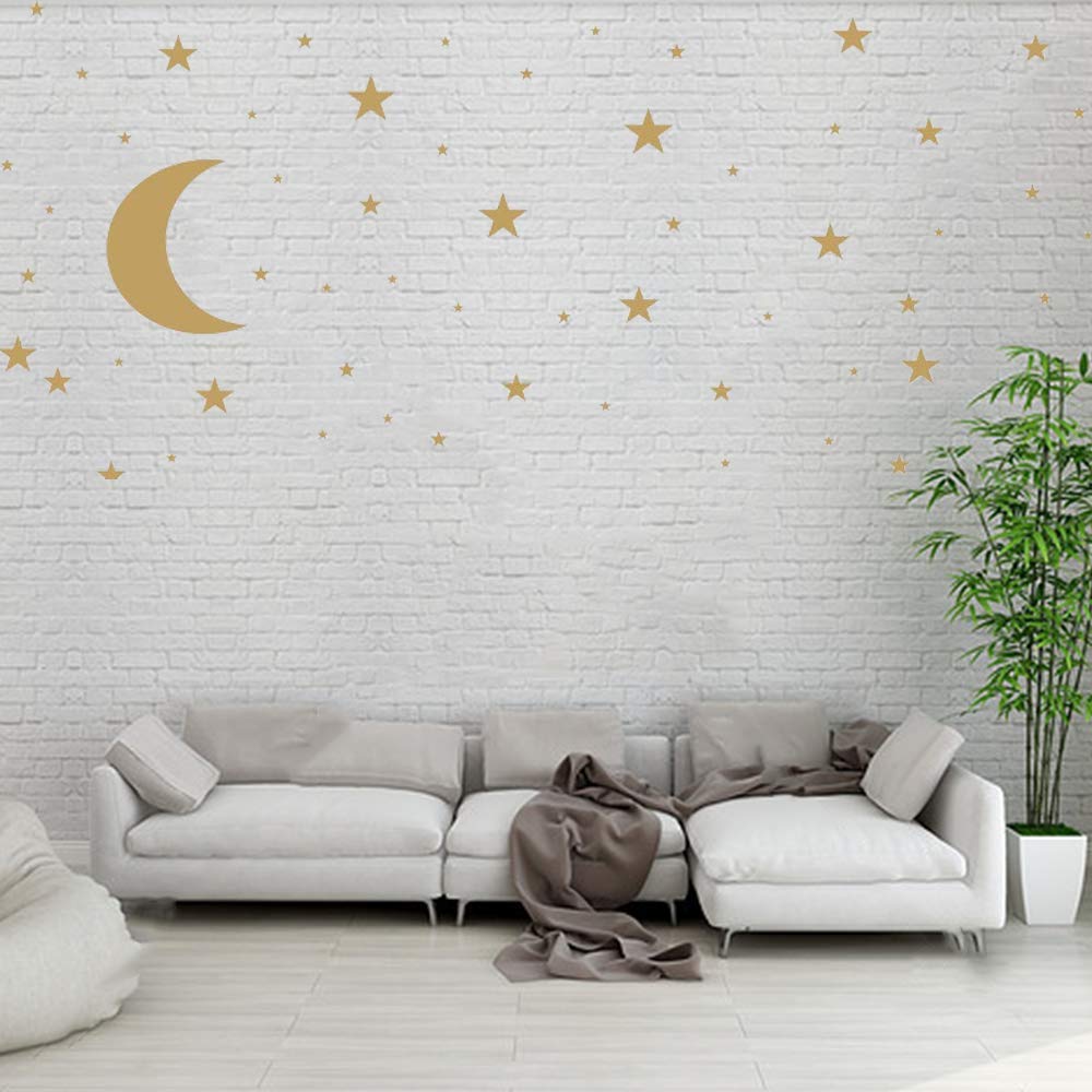 Moon and Stars Wall Decal Vinyl Sticker, Removable Children Kids Art DIY Sticker Mural for Boy Girls Baby Room Decoration Good Night Nursery Wall Decor Home House Bedroom Design (Golden)