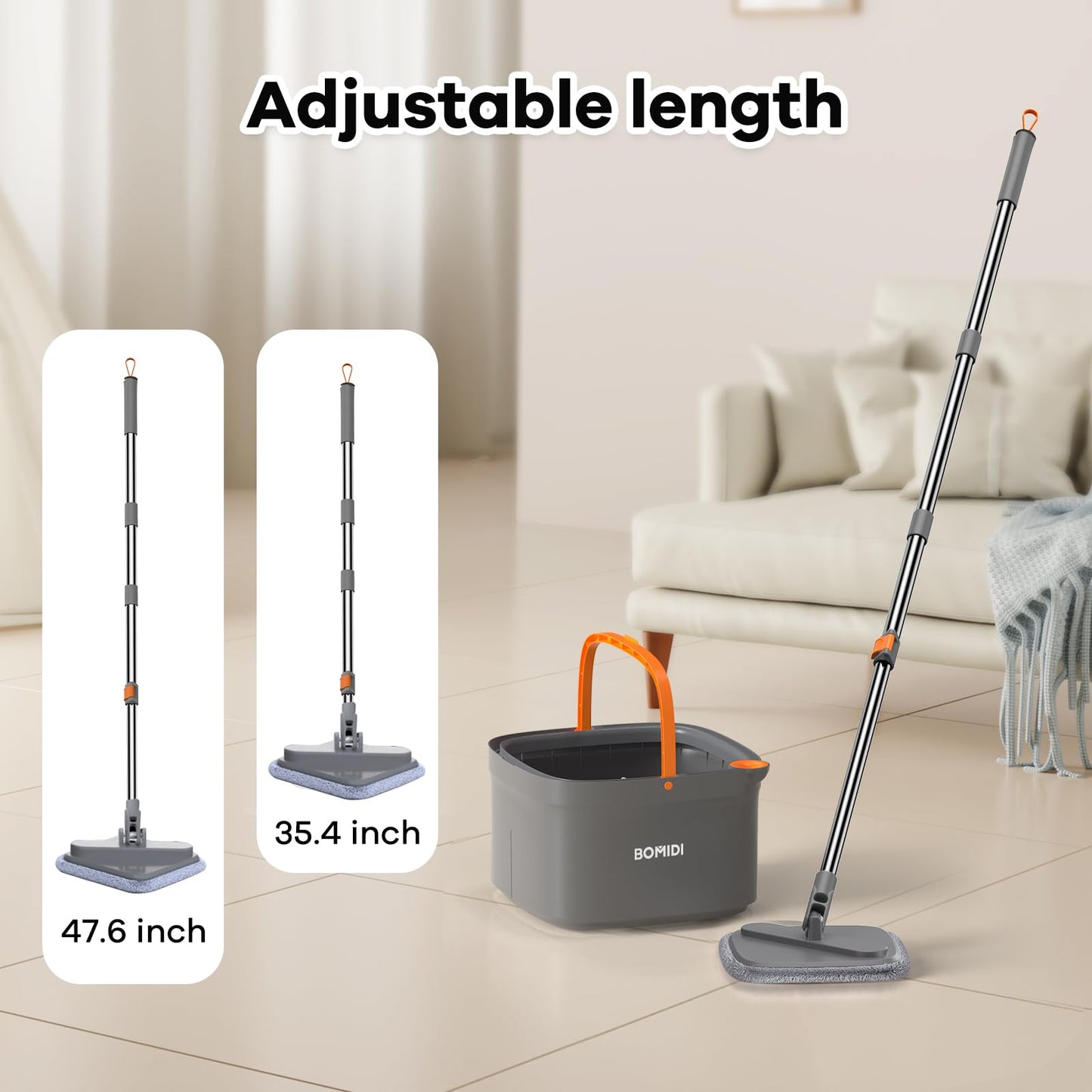 BOMIDI Spin Mop and Bucket System, Includes Dual Compartment Mop Bucket with Thick Washable Microfiber Pads for Home Cleaning (Mop Set with 4 Pads)