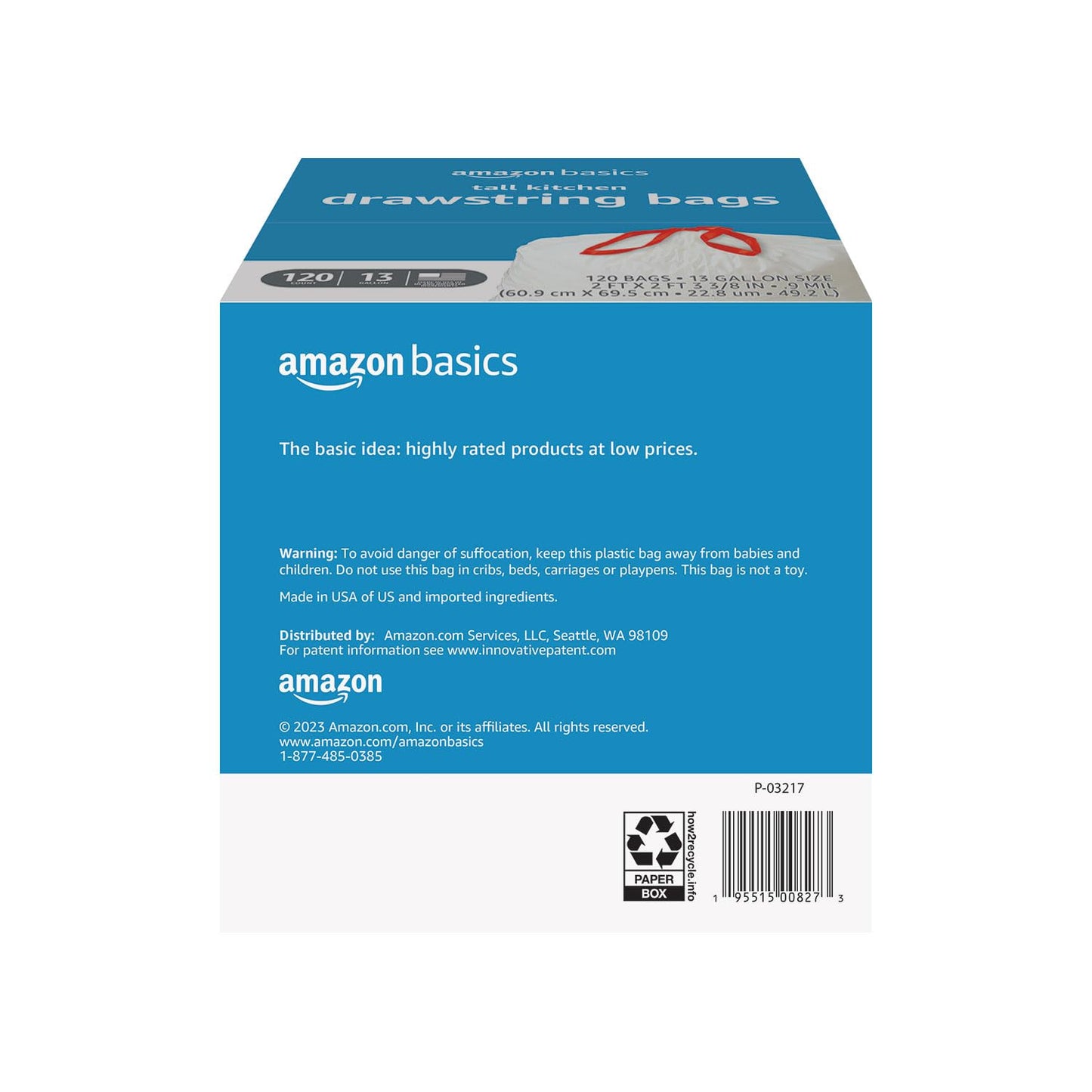 Amazon Basics Trash Bags, Tall Kitchen Drawstring, Unscented, 13 Gallon, 120 Count, Pack of 1