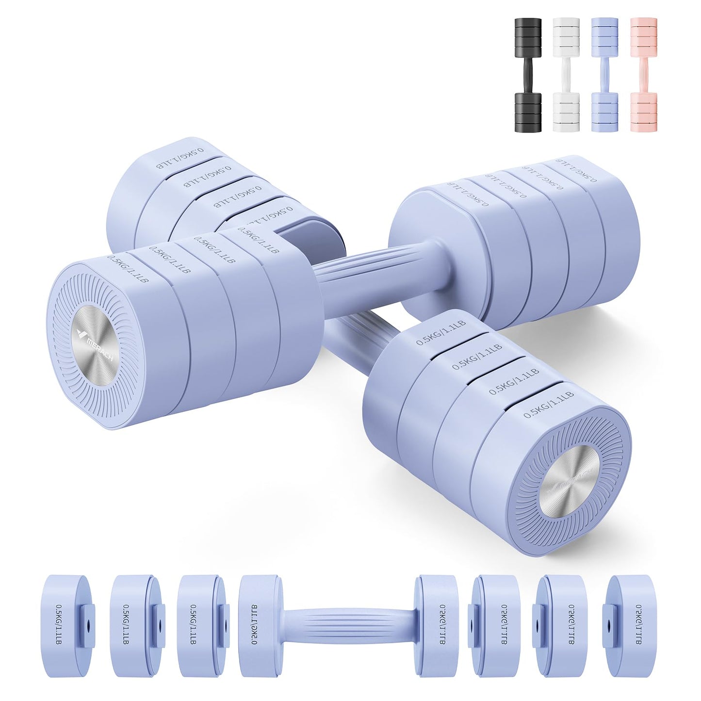 Dumbbell Set of 2, MERACH Adjustable Weight, Anti-slip Handle, Macaron Colors, Each 2.2/4.4/6.6/8.8 lbs, 4 in 1 Hand Weights for Women at Home, Blue