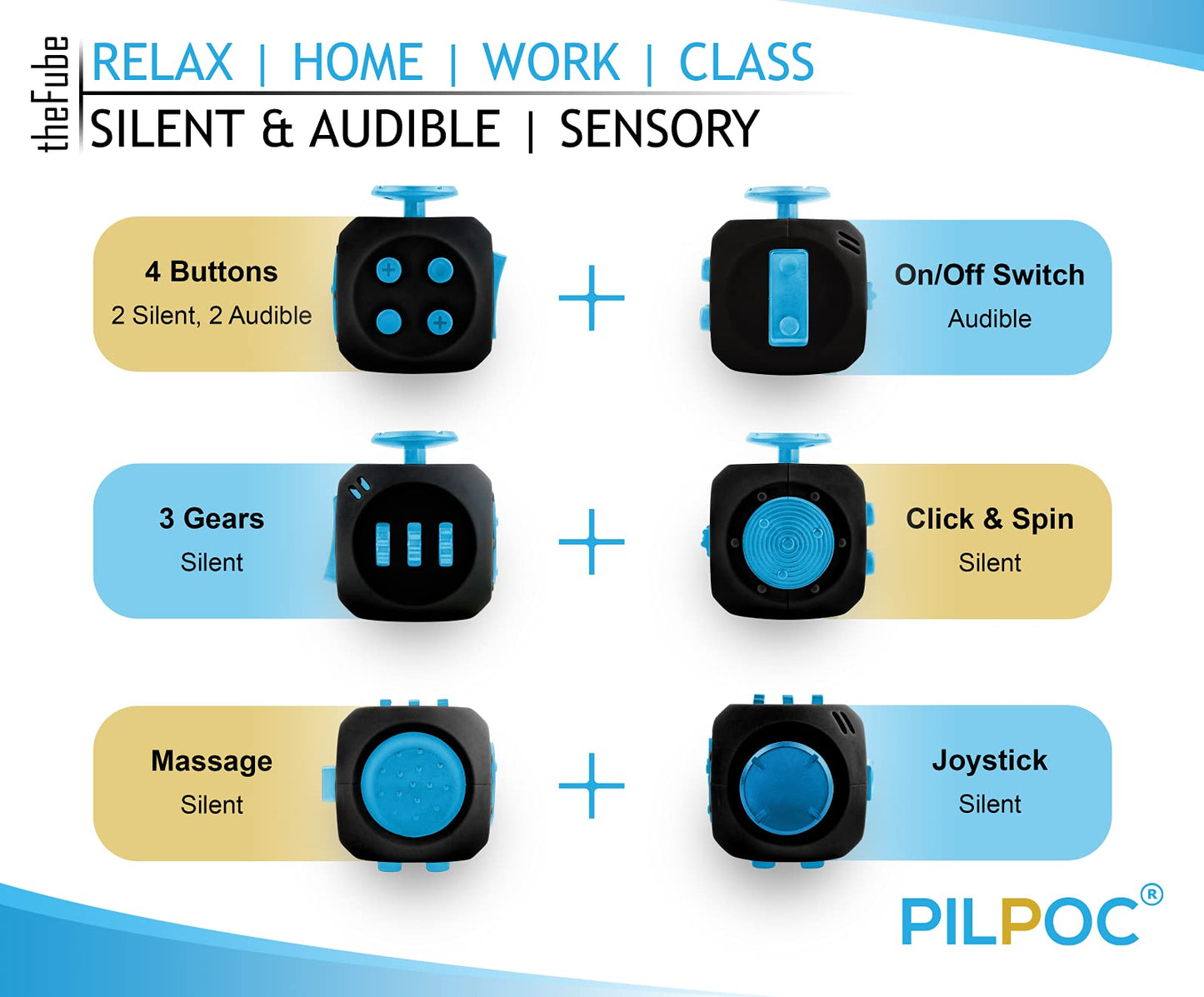 PILPOC theFube Fidget Cube, 6-Sided Stress Relief & Focus Toy for Adults & Kids, Boosts Concentration, Mindfulness Aid, Silent & Audible Modes, Includes Carry Case for Portability (Midnight)
