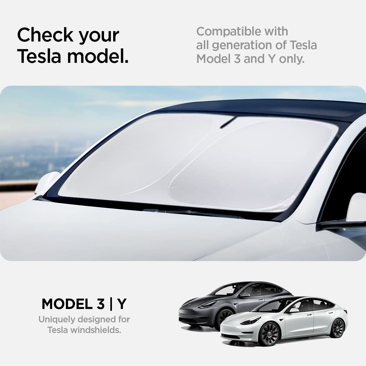 Spigen Triple-Coated CryoShade Front Windshield Sunshade (Reinforced Velcro Strap) Designed for All Tesla Model 3 & Y 2025/2024/2023/2022 [Compatible with New Model Y Refresh (Juniper)]