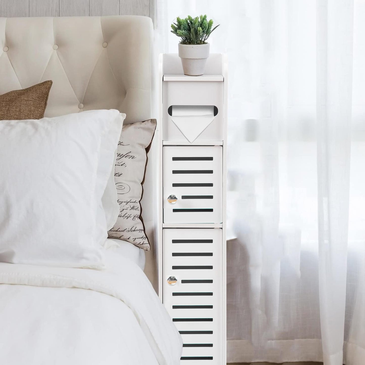 TuoxinEM Storage Cabinet for Small Spaces, Over The Toilet Cabinet for Skinny Bathroom Storage Corner Floor, Slim Paper Storage with 2 Doors & Shelves (White)