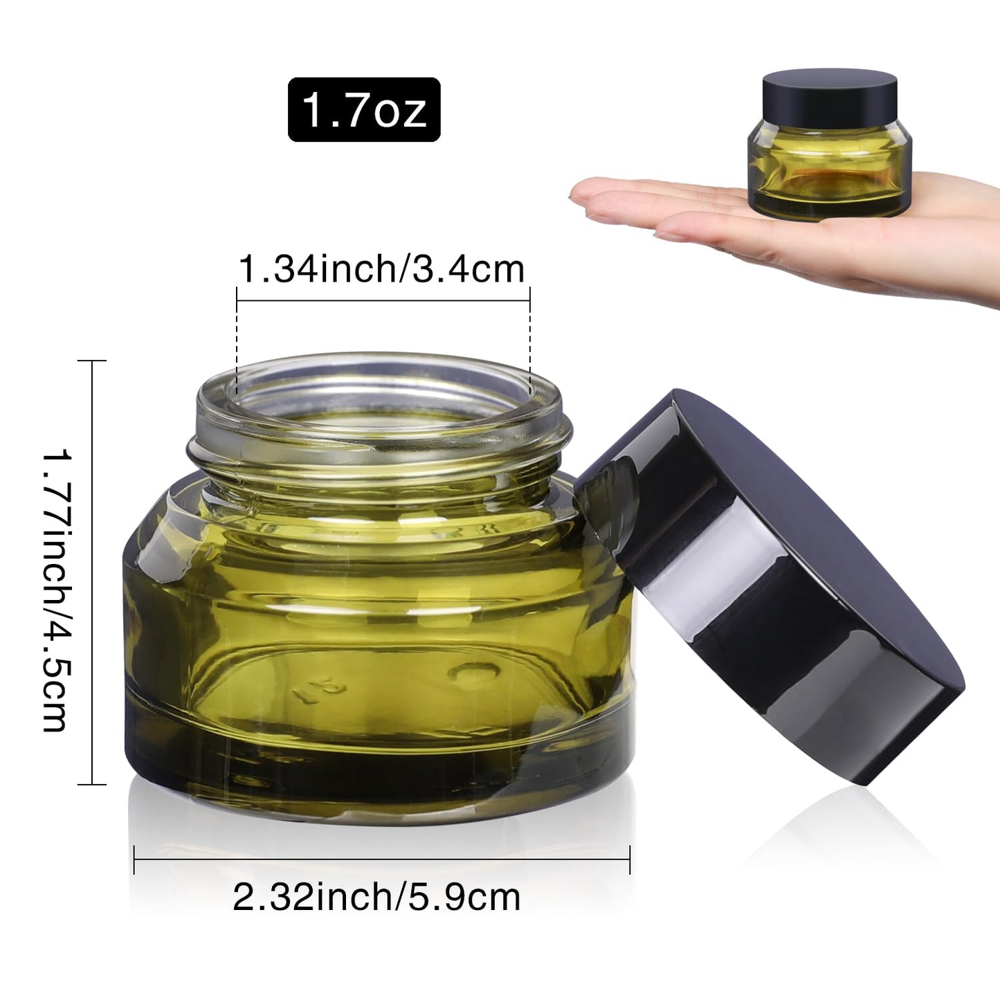 1.7 oz Glass Cosmetic Jars With Lids, 3 Pack Small Containers, 50 ml Green Empty Makeup Jars for Sample, Cream, Lotion