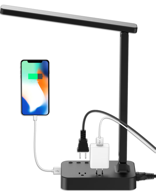 Drevet LED Desk Lamp, Desk Light with 1 USB Charging Port and 2 AC Power Outlet, 3 Lighting Modes, 3 Level Brightness,1H Timer, Touch Control, Eye-Caring Home Office Foldable Table Lamp (Black)
