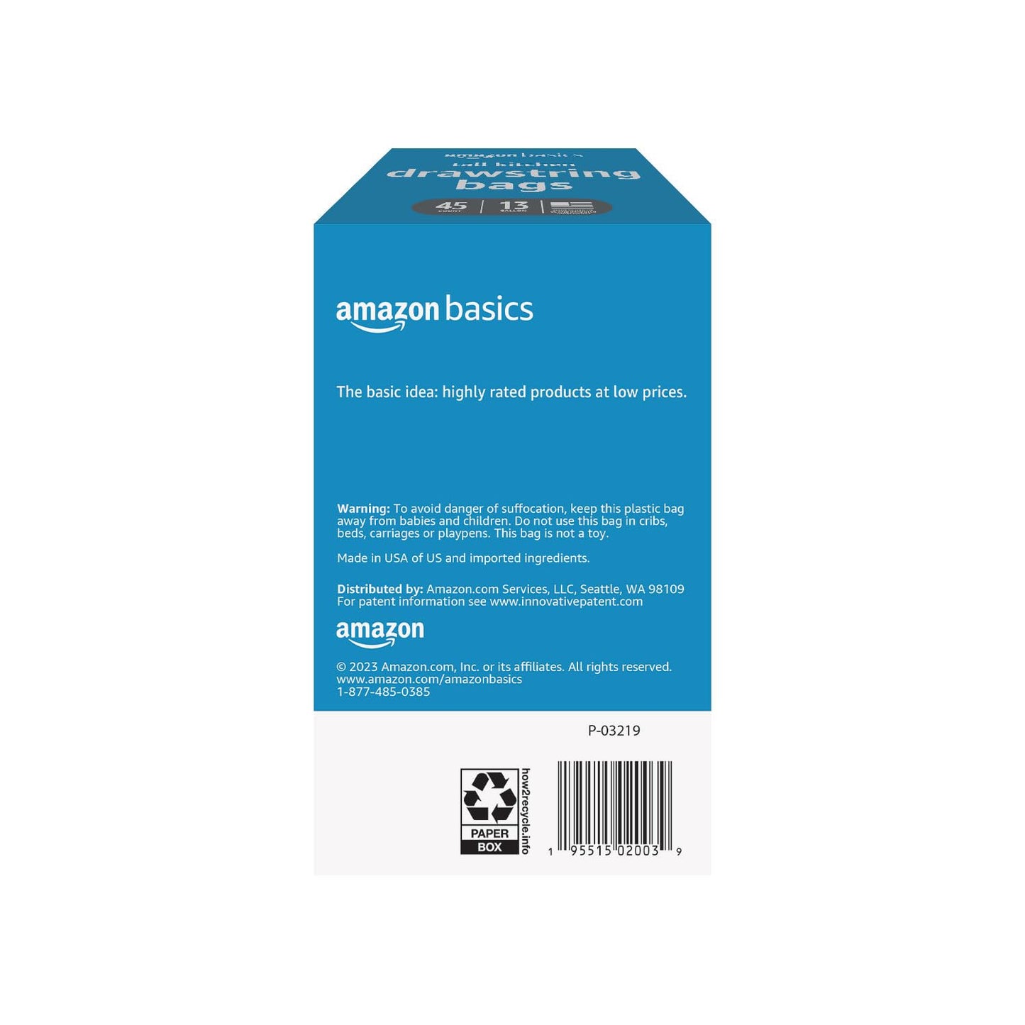 Amazon Basics Trash Bags, Tall Kitchen Drawstring, Unscented, 13 Gallon, 45 Count, Pack of 1
