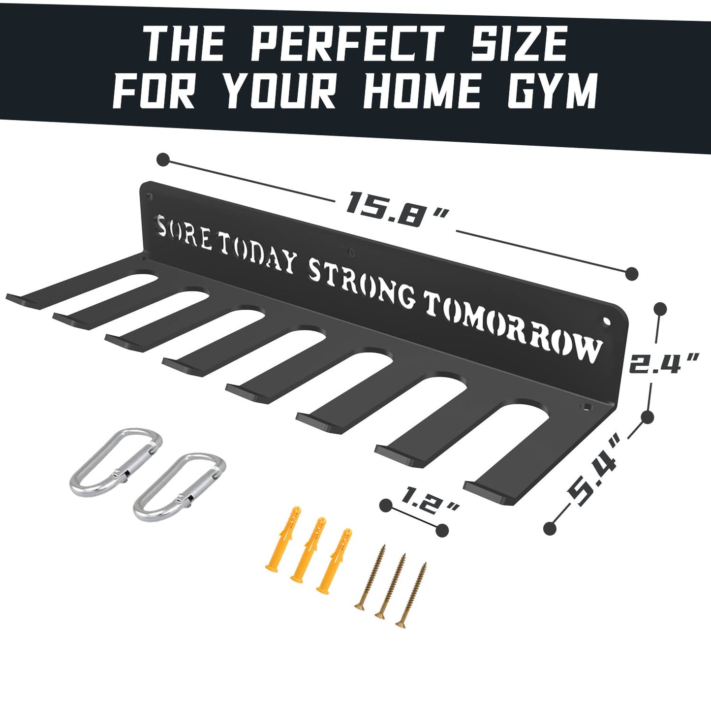 Black Metal Heavy-gauge Workout Rack Wall Mount Organizer Multi-Purpose Workout Gear Storage for Sports Gears Barbells Lifting Belt Fitness Band Carabiners Included With Uplifting Words
