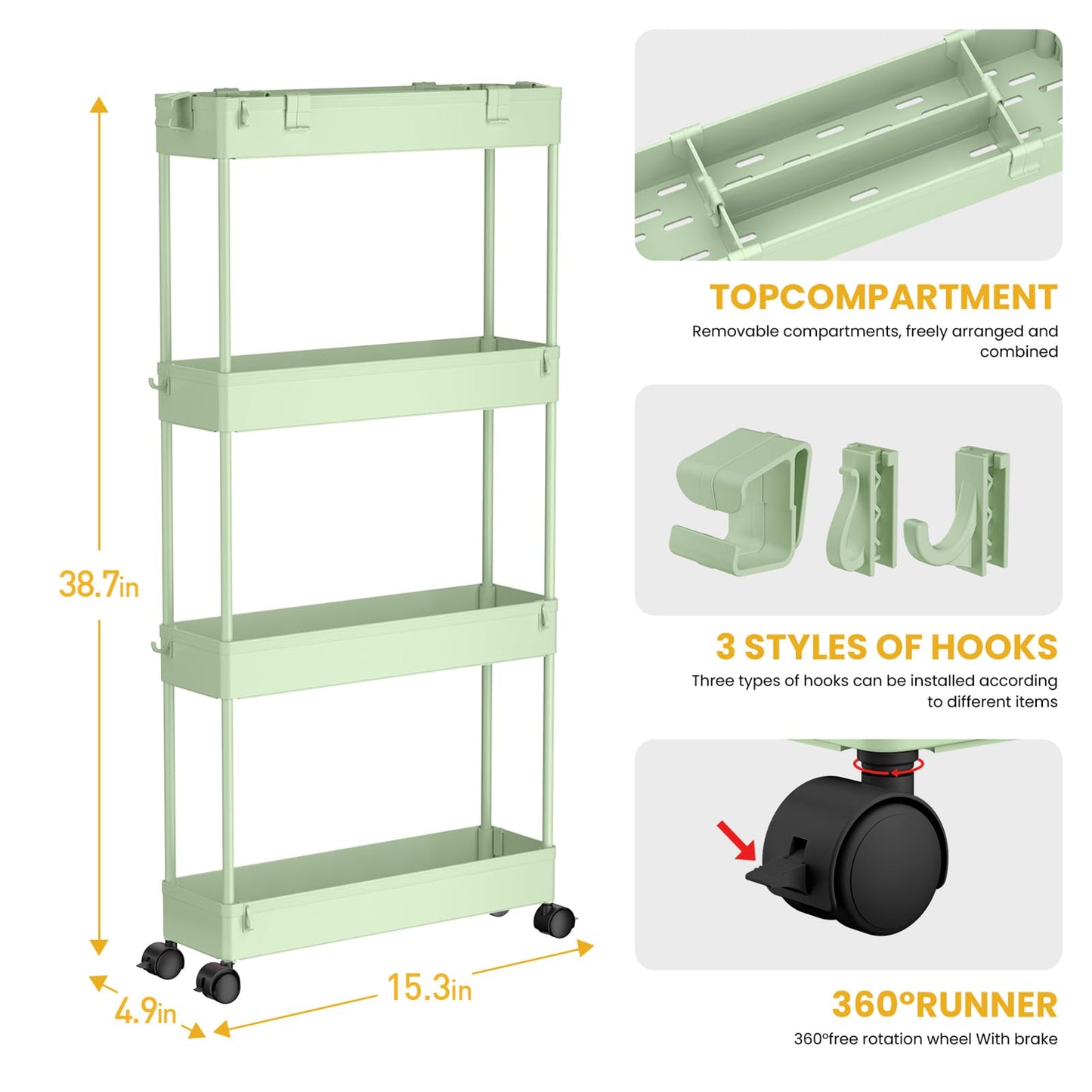 SPACELEAD Slim Storage Cart 4 Tier,Bathroom Organizer Rolling Utility,Mobile Shelving Unit Slide Out for Office, Kitchen, Laundry Room & Narrow Places，Green