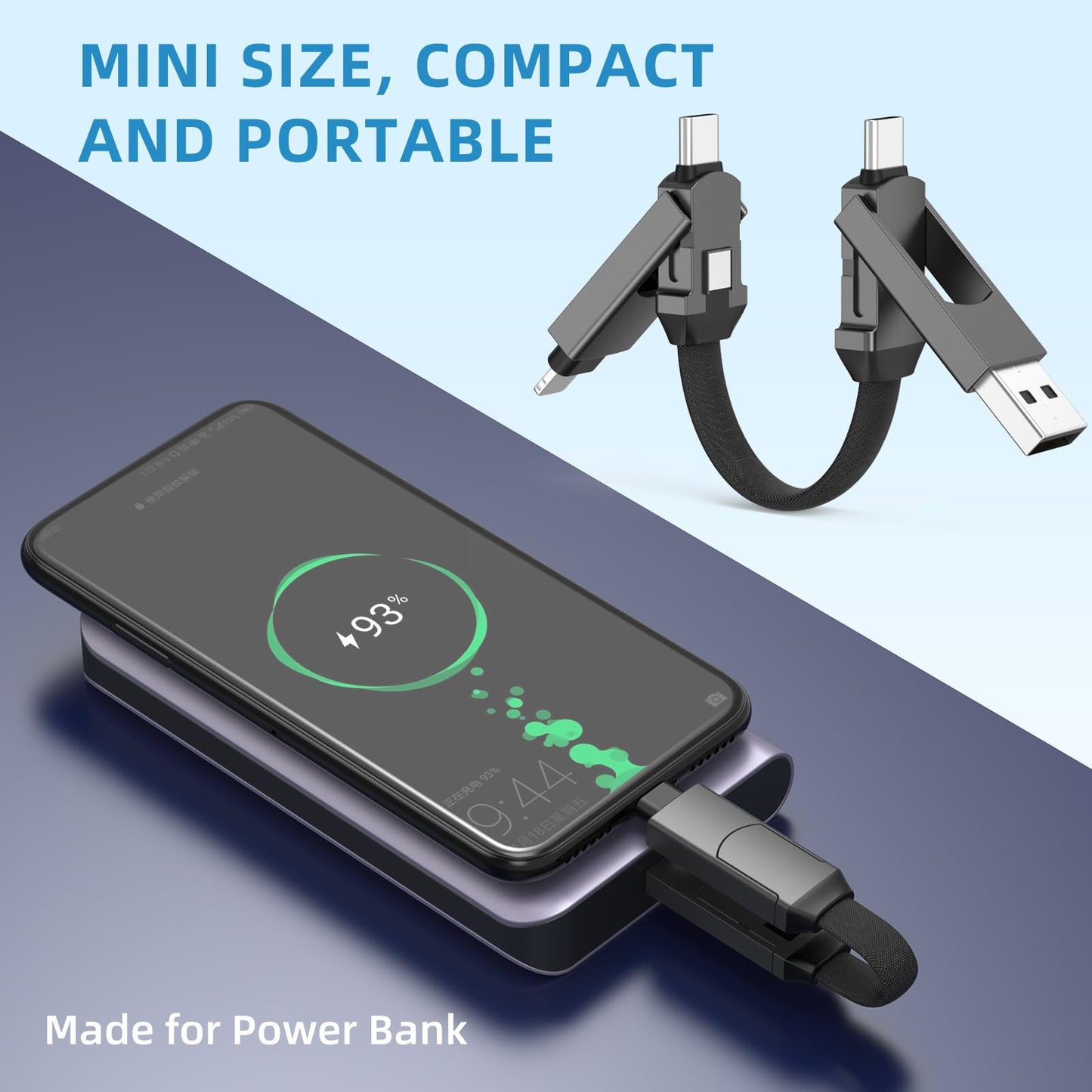 ZONLELE Travel Portable Magnetic Multi Charging Cable Short 4 in 1 USB Charger Data Cord 60W USB A/C to Type C/L Port Connectors Compatible with iPhone/iPad/MacBook/Galaxy, 6.3in