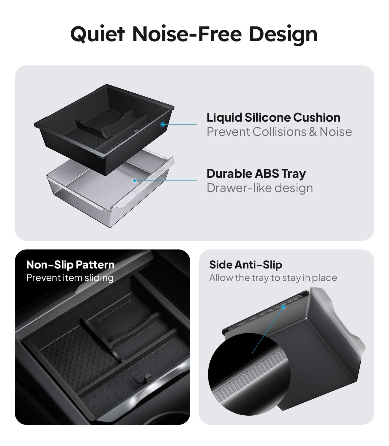 Wigoo Tesla New Model Y Juniper & Model 3 Center Console Organizer [Double Layer Space, Slide smoothly] Model 3 (2024~2025)/New Model Y Juniper Accessories, 4PCS Black