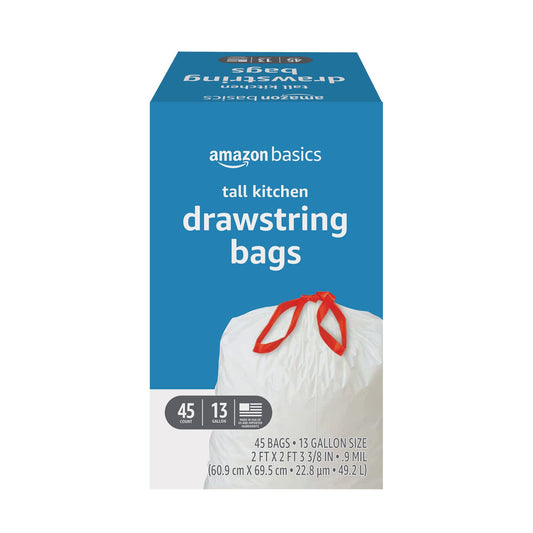 Amazon Basics Trash Bags, Tall Kitchen Drawstring, Unscented, 13 Gallon, 45 Count, Pack of 1