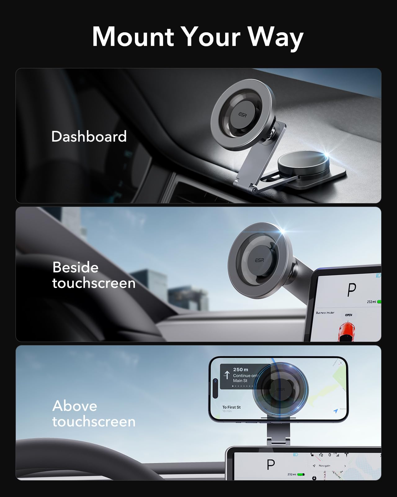 ESR for MagSafe Car Mount, Foldable Dashboard/Tesla Magnetic Car Mount,Tesla Touchscreen Car Phone Holder Mount, Magnetic Phone Holder for Car, for iPhone 16/15/14/13/12, S25, Charging Not Supported