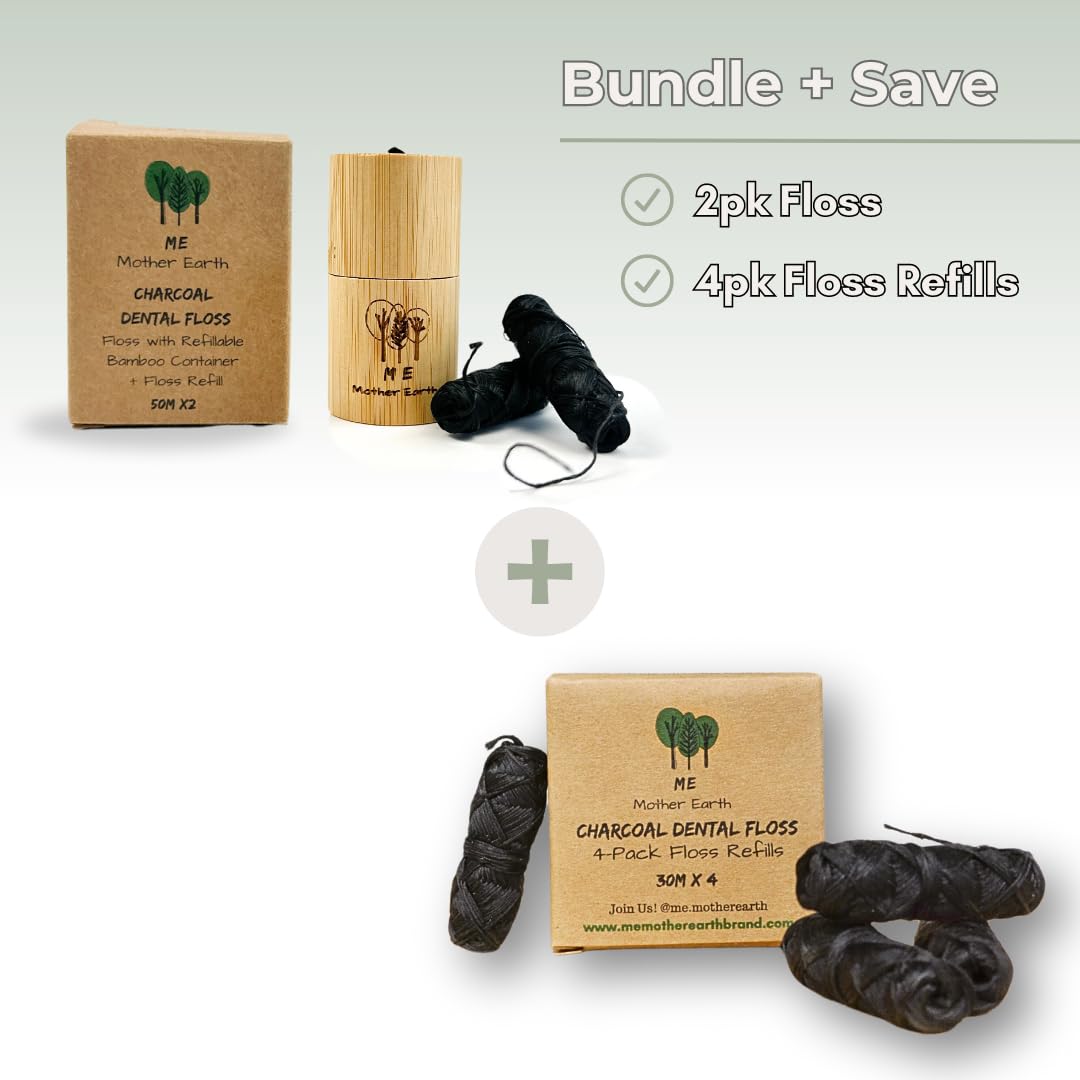 Vegan Biodegradable Bamboo Charcoal Dental Floss with Refillable Bamboo Container with 30M x4 Refill | Peppermint Essential Oil | Eco Friendly Zero Waste Oral Care