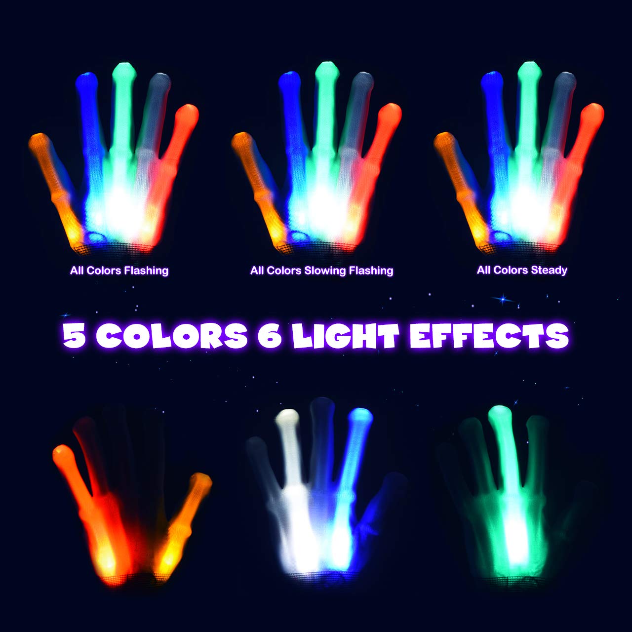 Cool Toys LED Gloves,Kids Toys for Ages 3-4 5-7 Year Old with 6 Flash Mode,Great Party Favors for Kids Birthday Christmas Halloween Valentines,Fun Toys Gift for 3 4 5 6 7 Year Old Girls Boys(1 Pair)