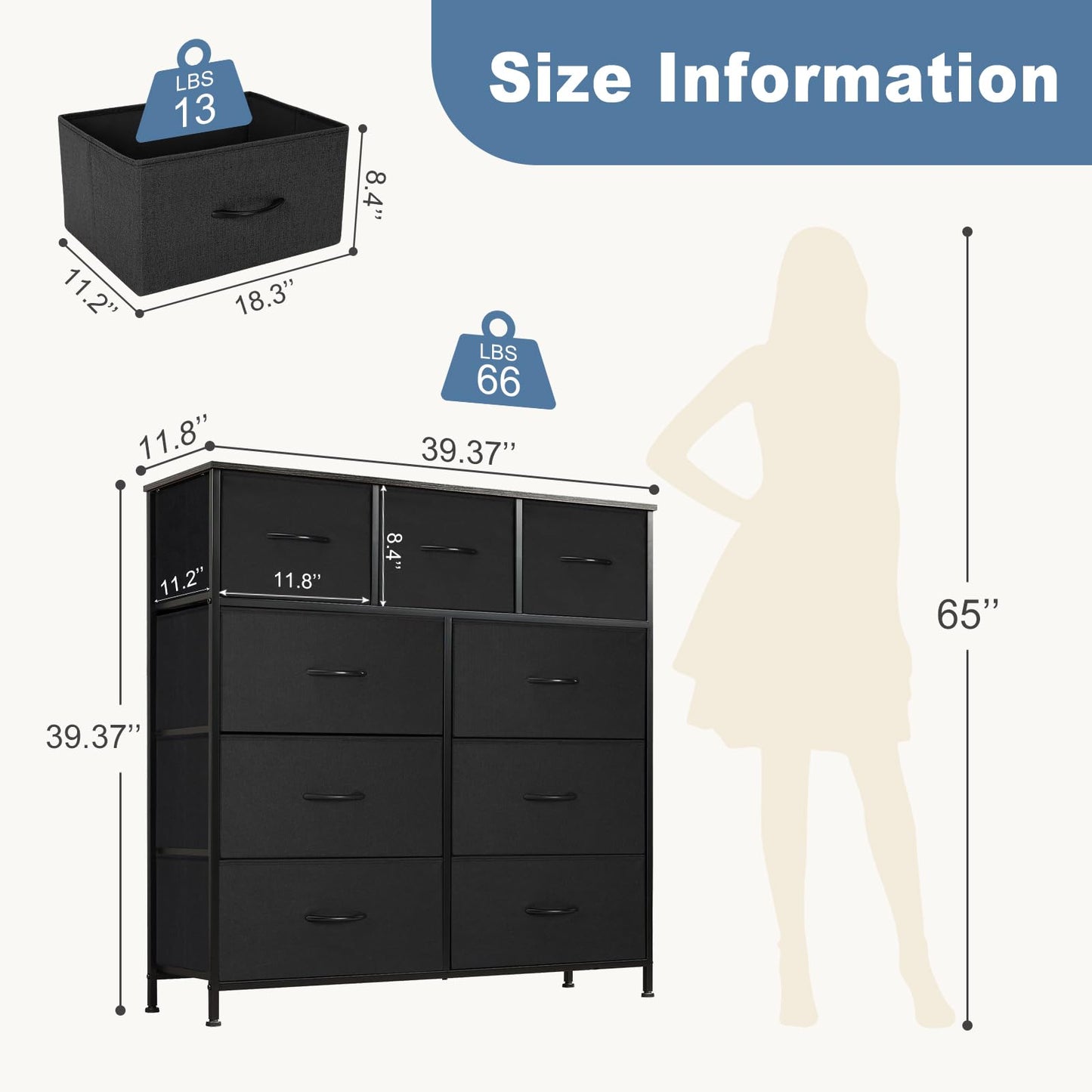 DUMOS Dresser for Bedroom, Storage Organizer with 9 Drawers, Chest of Drawers with Fabric Bins, Sturdy Metal Frame, Wood Tabletop for Guest Room, Closet, Entryway, Nursery