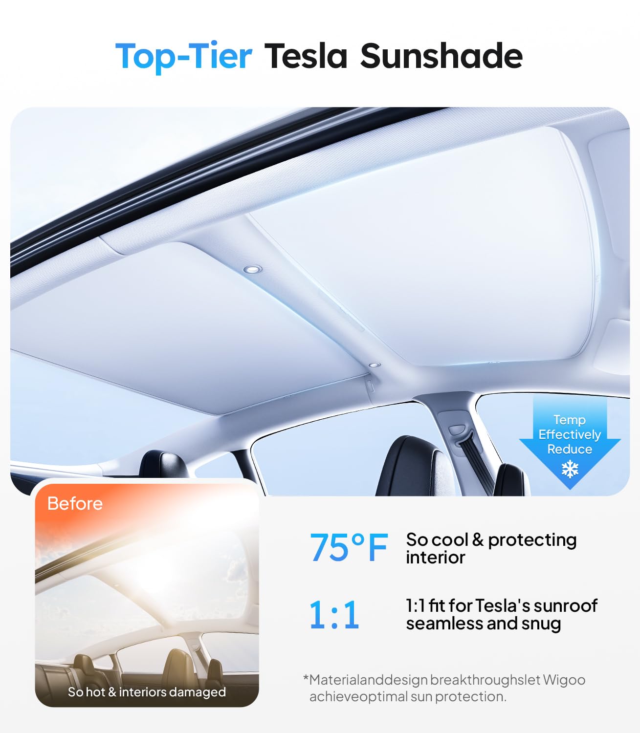 Wigoo Tesla Model 3 Sunshade Roof [Never Sag, Nano Ice-Crystal Coatings] 3-Gen Heat Insulation Glass Roof Sun Shade, Accessories for Tesla Model 3 2021~2025 Highland, Interior Gray