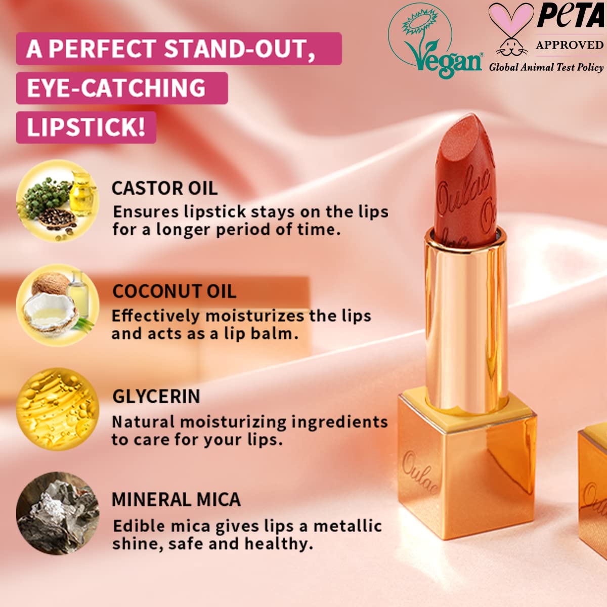 Oulac Light Pink Lipstick for Women with Metallic 3D Shine Lightweight Hydrating Formula, High Impact Lip Color, Vegan Beauty, Full Coverage Lip Makeup, Christmas Gifts for Women, Baby Angel(13)